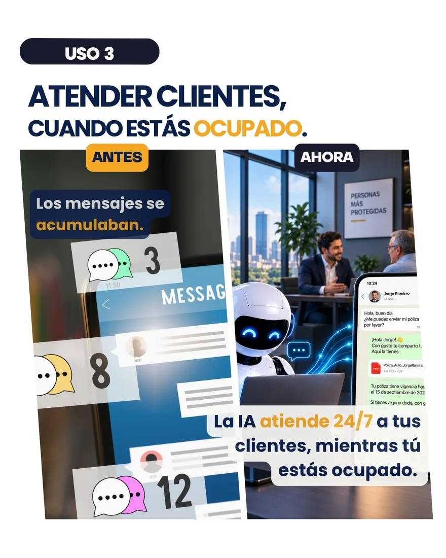 Antes: los mensajes se acumulaban sin respuesta. Ahora: la IA atiende 24/7 a tus clientes mientras tú estás ocupado.