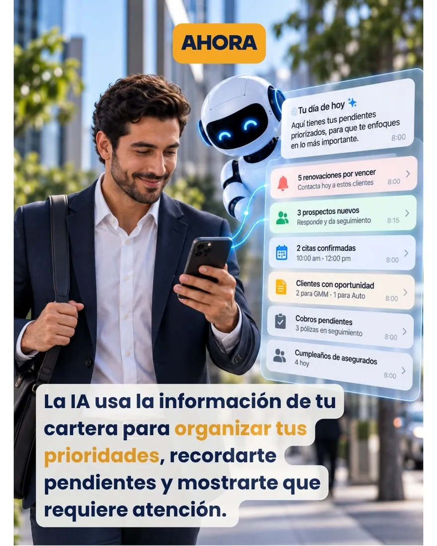Ahora: la IA organiza tus prioridades del día: renovaciones por vencer, prospectos por responder, citas, cobros y cumpleaños, en orden.